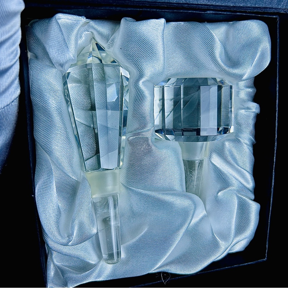 Oleg Cassini Crystal Bottle Stopper Duo| Jackie Kennedy Designer in Original Box